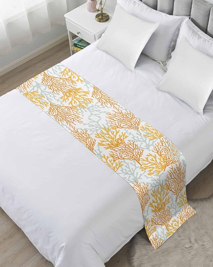 Orange Gray Coral Coastal Bed Runner 94x20 Inches for King Size Bed Sofa Throw - Image 1