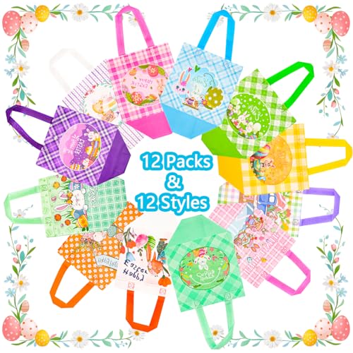 DECHISY 12Pack Easter Egg Hunt Bags, 8.3×7.9×6 inch Non-Woven Large Easter Gift Bags, 12 Unique Patterns Baskets for Kids, Party Supplies - Image 3