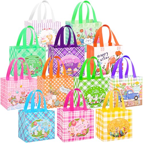 DECHISY 12Pack Easter Egg Hunt Bags, 8.3×7.9×6 inch Non-Woven Large Easter Gift Bags, 12 Unique Patterns Baskets for Kids, Party Supplies - Image 1