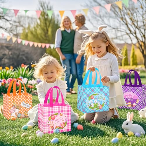 DECHISY 12Pack Easter Egg Hunt Bags, 8.3×7.9×6 inch Non-Woven Large Easter Gift Bags, 12 Unique Patterns Baskets for Kids, Party Supplies - Image 5