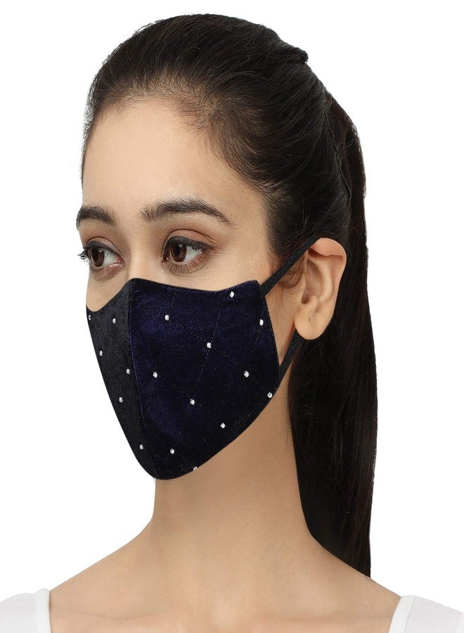 MASQ By Q-One 4 Layer, Reusable, with Detachable Chain & Ear Adjusters, Anti-Bacterial (BFE>99%) Velvet Cloth Face Mask for Women, Girls (Medium, Navy Blue, Pack of 1) - Image 2