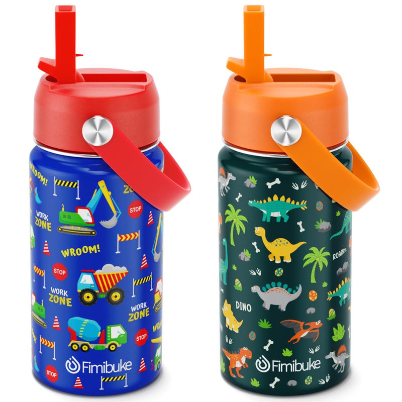Fimibuke Kids Insulated Water Bottle, 14oz BPA FREE Double Wall Vacuum Tumbler 18/8 Stainless Steel Leak Proof Kids Cups with Straw Metal Bottles for School Boys Girls (2 Pack, Trucks/Green Dinosaur) - Image 1