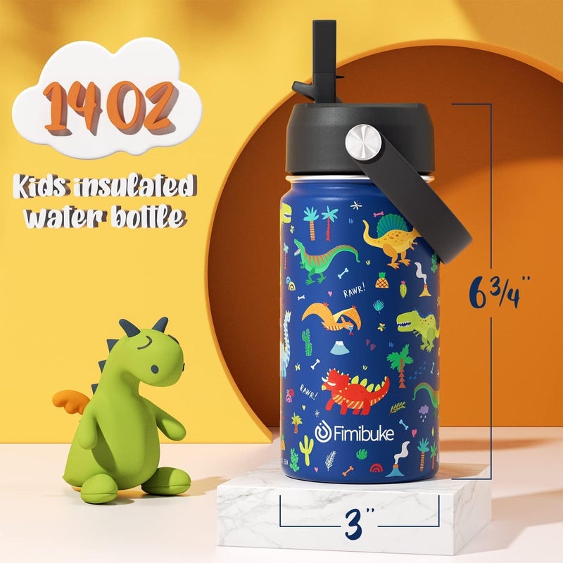 Fimibuke Kids Insulated Water Bottle, 14oz BPA FREE Double Wall Vacuum Tumbler 18/8 Stainless Steel Leak Proof Kids Cups with Straw Metal Bottles for School Boys Girls (2 Pack, Trucks/Green Dinosaur) - Image 2