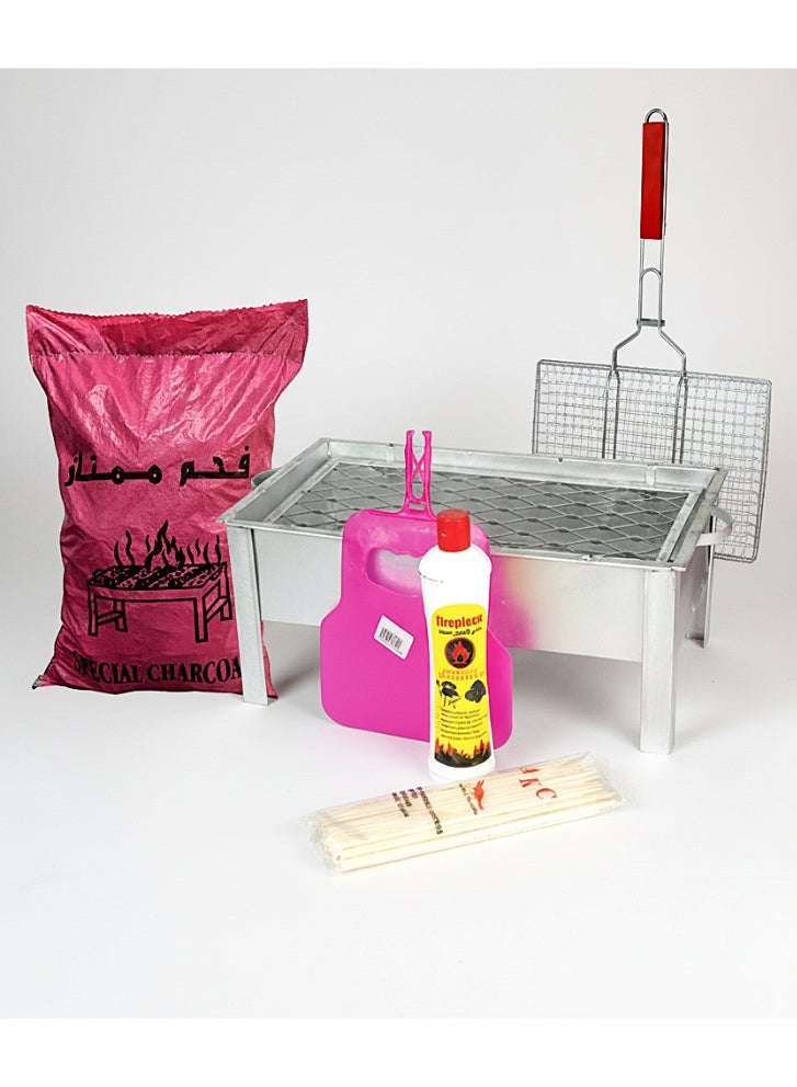 GO2CAMPS Premium BBQ Combo Set | 60x26x30 cm Galvanized Charcoal Grill + 5kg Wooden Charcoal + BBQ Chicken Grill Basket + Hand BBQ Fan + Charcoal Starter Liquid + Bamboo Skewers | Outdoor & Camping BBQ Kit - Image 1