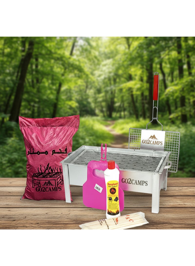 GO2CAMPS Premium BBQ Combo Set | 60x26x30 cm Galvanized Charcoal Grill + 5kg Wooden Charcoal + BBQ Chicken Grill Basket + Hand BBQ Fan + Charcoal Starter Liquid + Bamboo Skewers | Outdoor & Camping BBQ Kit - Image 3