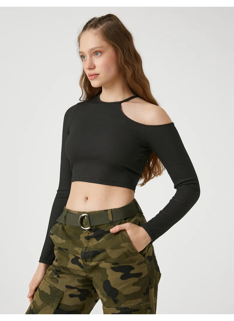 KOTON Cotton Long Sleeve T-Shirt Crop Window Detailed Crew Neck