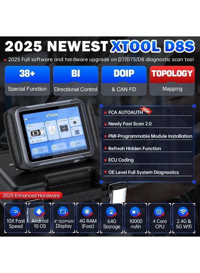 XTOOL XTOOL D8S Bidirectional Scan Tool 2025 Upgraded Ver. of D8 Scanner, OBD2 Scanner Diagnostic Tool, Topology Mapping, ECU Coding, 38+ Resets, FCA, CAN FD&DoIP, All System Scanner for Car, 3-Year Update  - Image 2