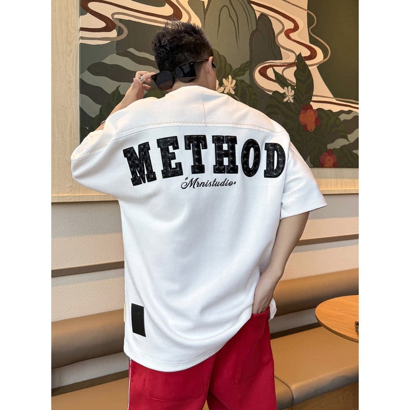 Plus size 150kg American heavyweight spliced letter print short-sleeved T-shirt men's summer loose and versatile half-sleeved top - Image 2