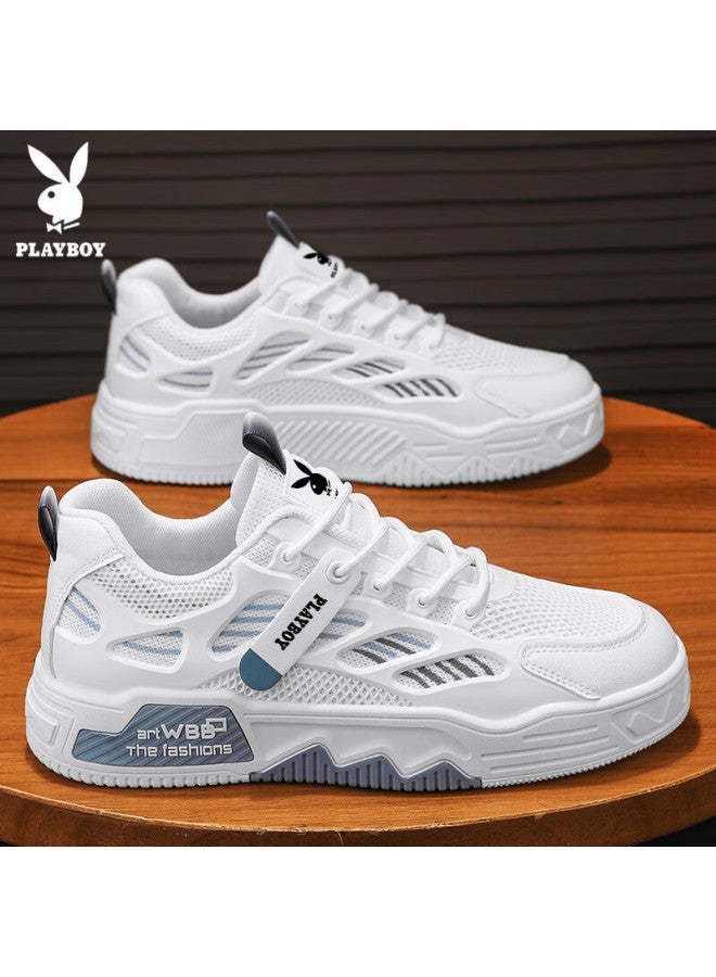 Playboy Men's Low-top Canvas Shoes Summer Breathable Thick-soled Casual Mesh Sports Shoes White Blue Size 41 - Image 4