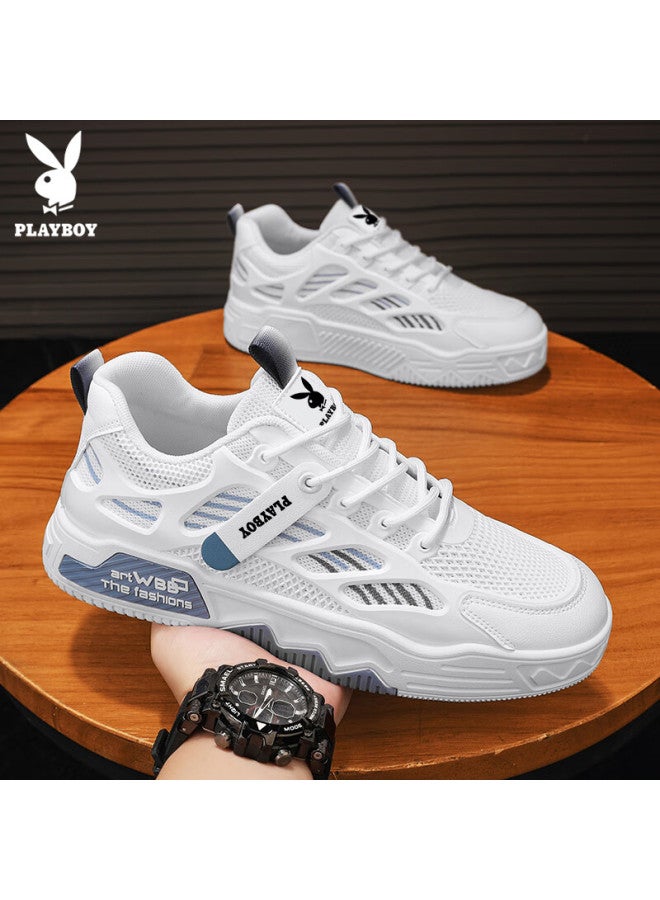 Playboy Men's Low-top Canvas Shoes Summer Breathable Thick-soled Casual Mesh Sports Shoes White Blue Size 41 - Image 5