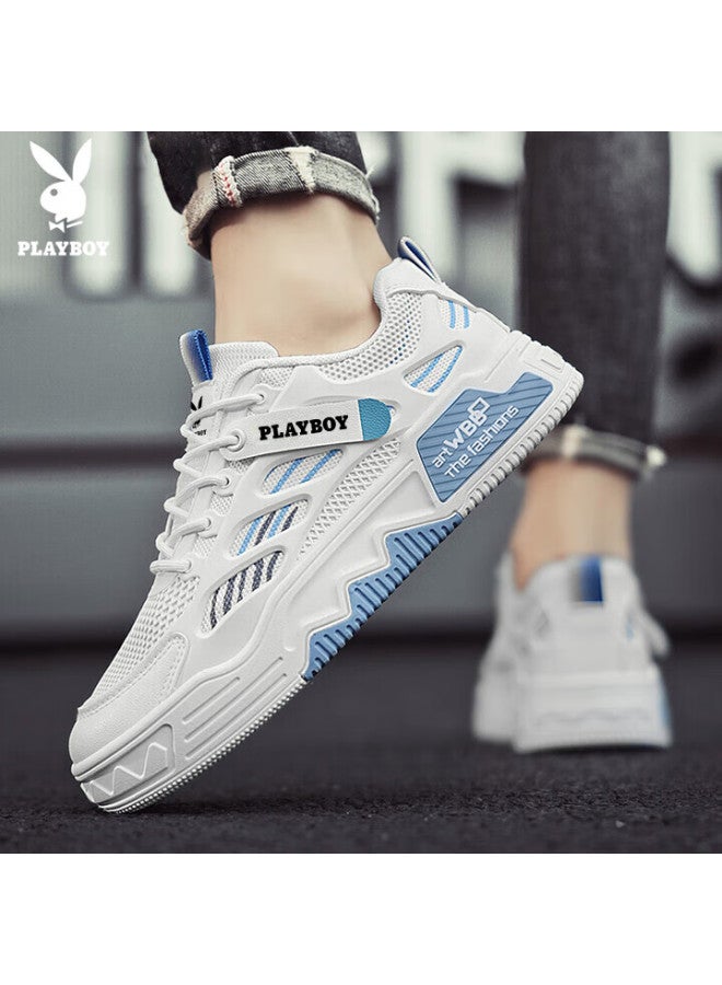 Playboy Men's Low-top Canvas Shoes Summer Breathable Thick-soled Casual Mesh Sports Shoes White Blue Size 41 - Image 1