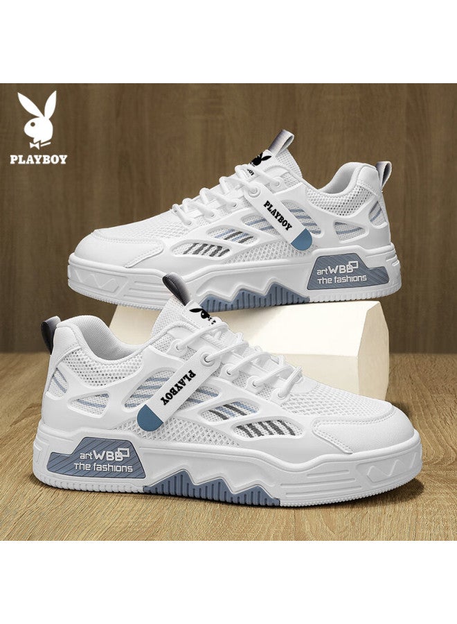 Playboy Men's Low-top Canvas Shoes Summer Breathable Thick-soled Casual Mesh Sports Shoes White Blue Size 41 - Image 3