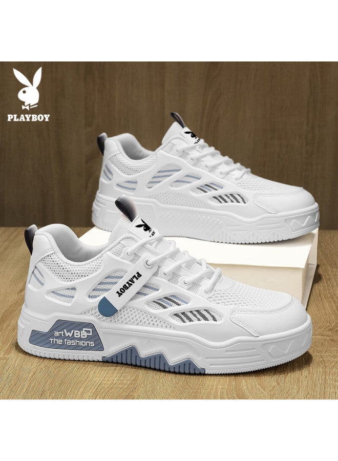 Playboy Men's Low-top Canvas Shoes Summer Breathable Thick-soled Casual Mesh Sports Shoes White Blue Size 41 - Image 2