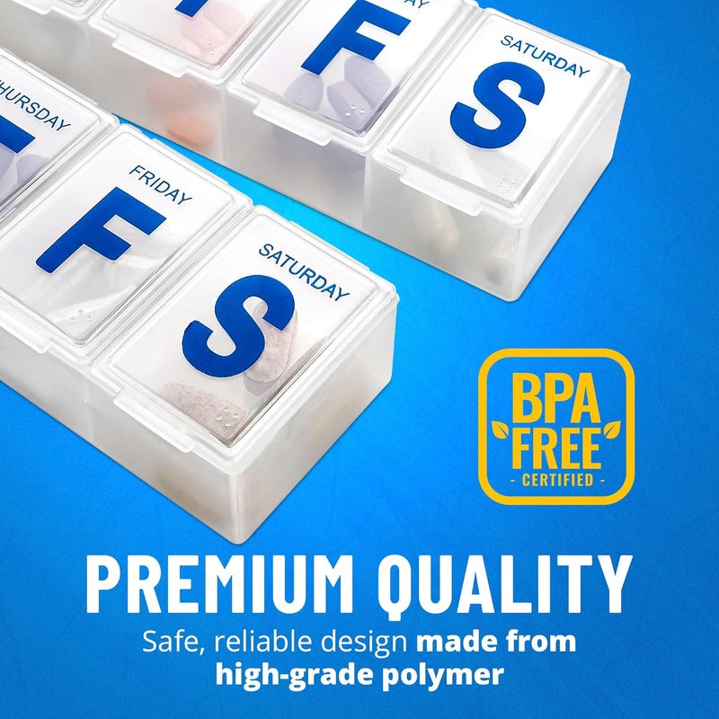 MEDca Weekly Pill Organizer - (Pack of 2) Extra Large Vitamin Container with Jumbo Easy to Read Letters, BPA Free - Daily Travel 7 Day Medication Pill Box Case - Image 5