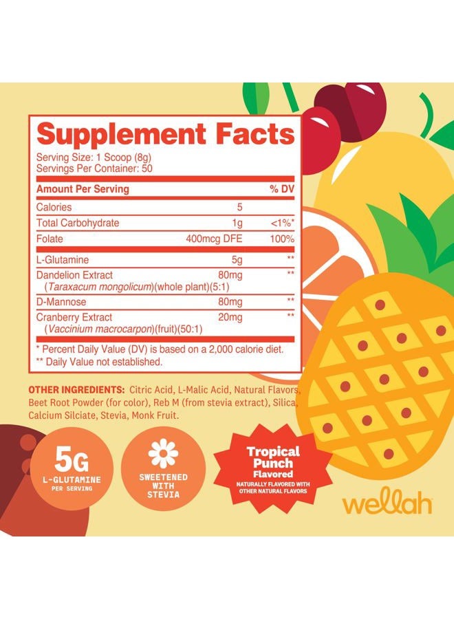 Wellah Tropical Punch L-Glutamine Powder (50 Servings) - 5g L-Glutamine Per Serving, Sweetened with Stevia - Image 2