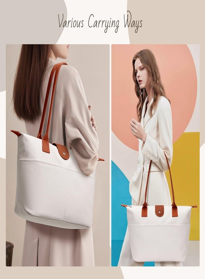 DIXEIGHT Nylon Tote Bag Women Zipper Shoulder Purse Large Hobo Top Handle Foldable Handbags for Work Travel Shopping, Beige, Large - Image 2