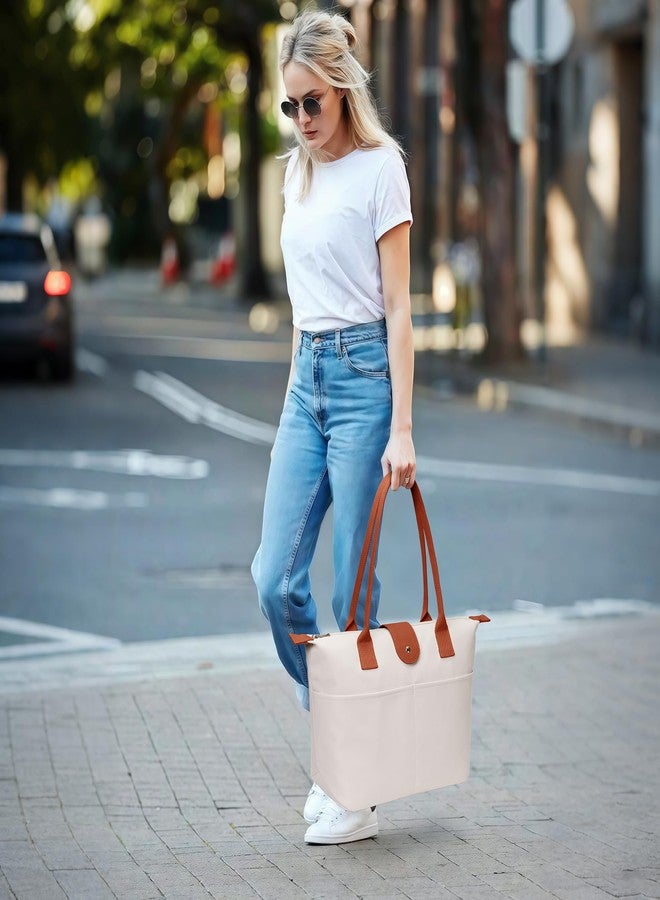 DIXEIGHT Nylon Tote Bag Women Zipper Shoulder Purse Large Hobo Top Handle Foldable Handbags for Work Travel Shopping, Beige, Large - Image 3
