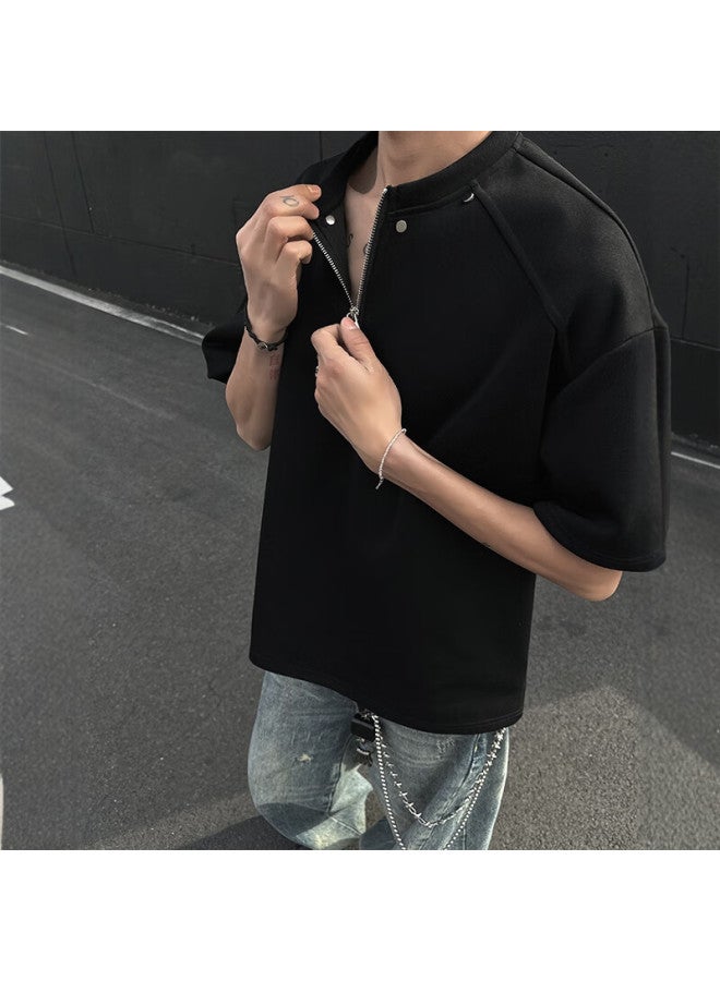 Homlean Half Zip Short Sleeve Men's Spring And Summer Fashion All-match Loose T-shirt American High Street Lime Half Sleeve Xm91 Black 2XL - Image 4