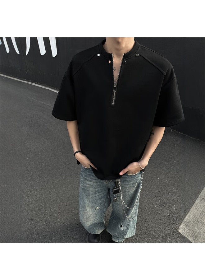 Homlean Half Zip Short Sleeve Men's Spring And Summer Fashion All-match Loose T-shirt American High Street Lime Half Sleeve Xm91 Black 2XL - Image 2