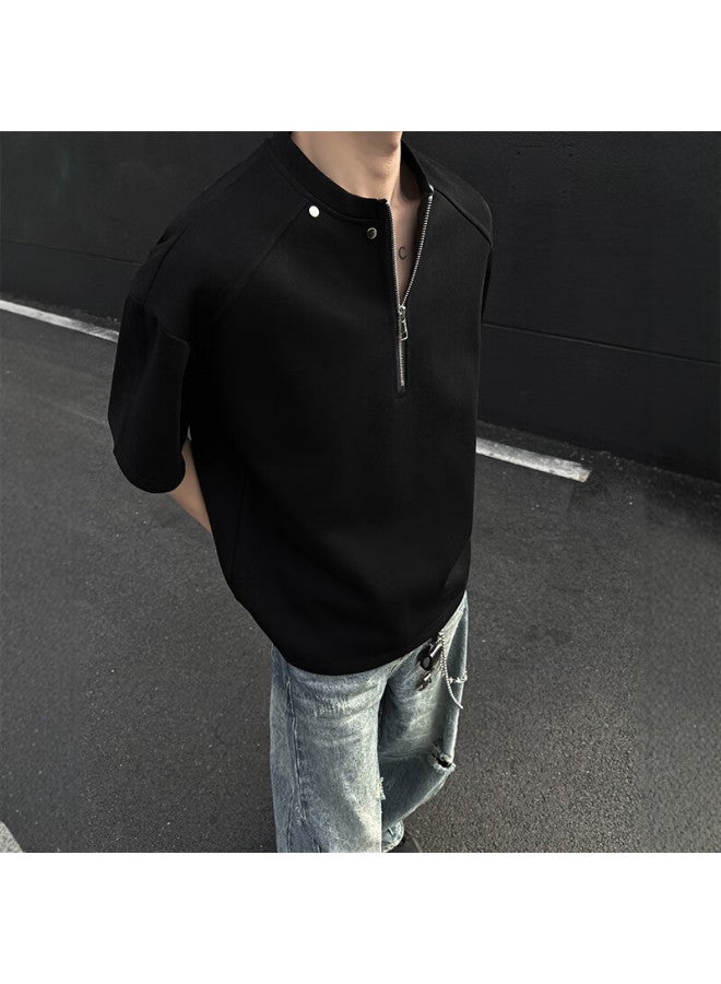 Homlean Half Zip Short Sleeve Men's Spring And Summer Fashion All-match Loose T-shirt American High Street Lime Half Sleeve Xm91 Black 2XL - Image 5