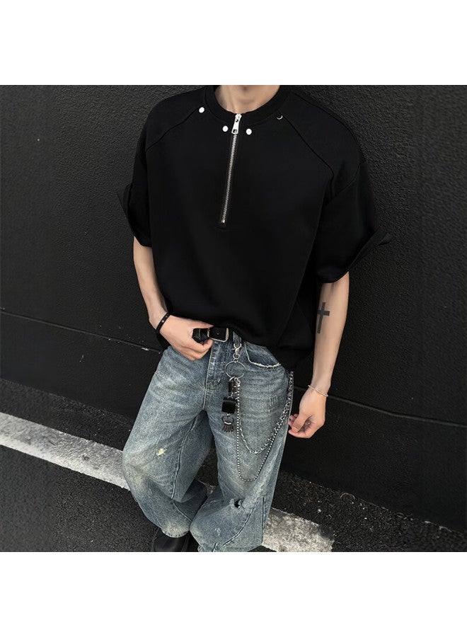 Homlean Half Zip Short Sleeve Men's Spring And Summer Fashion All-match Loose T-shirt American High Street Lime Half Sleeve Xm91 Black 2XL - Image 1