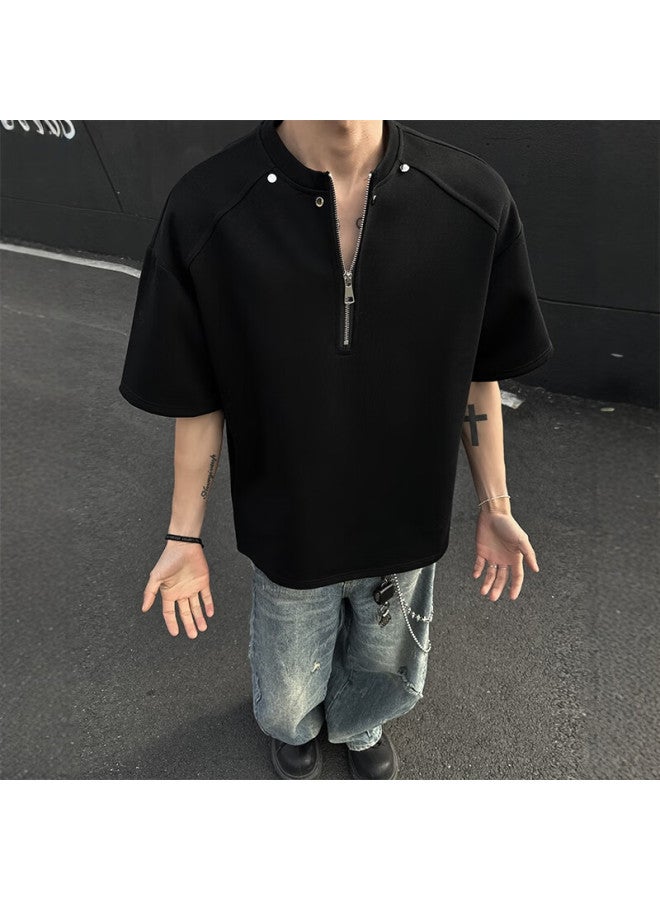 Homlean Half Zip Short Sleeve Men's Spring And Summer Fashion All-match Loose T-shirt American High Street Lime Half Sleeve Xm91 Black 2XL - Image 3