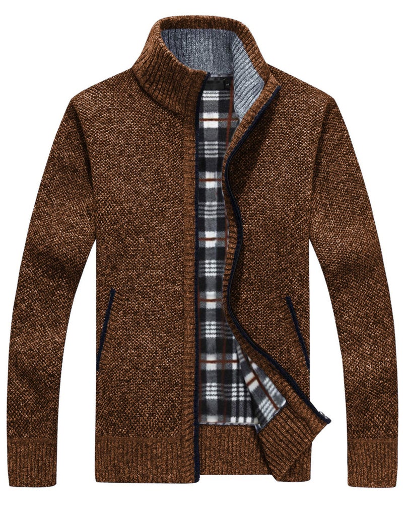 Yeokou Men's Casual Slim Full Zip Thick Knitted Cardigan Sweaters with Pockets(Brown-S) - Image 1