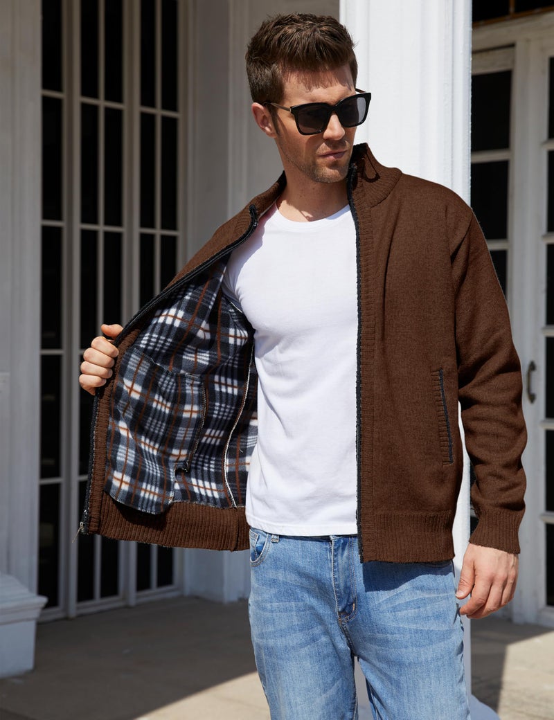 Yeokou Men's Casual Slim Full Zip Thick Knitted Cardigan Sweaters with Pockets(Brown-S) - Image 2