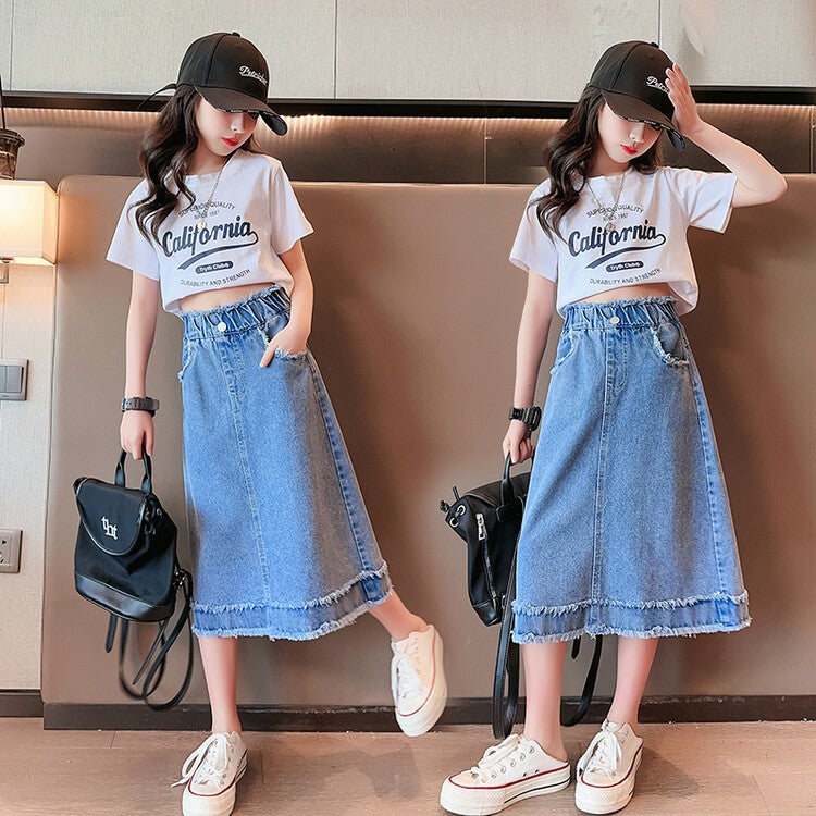 Girls' Fur-Edge Denim Skirt 2025 Summer Mid-Length Skirt Girl'S Denim Skirt - Image 4
