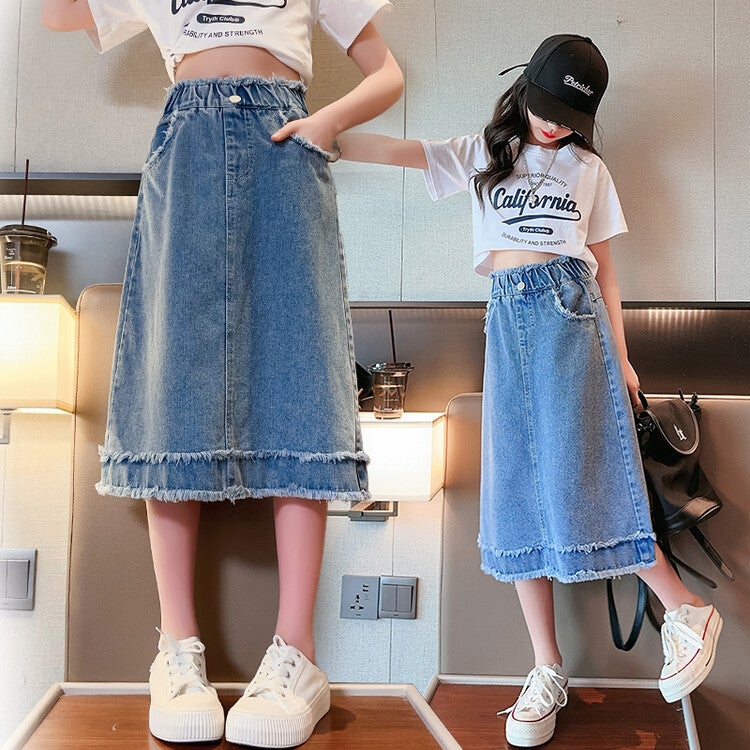 Girls' Fur-Edge Denim Skirt 2025 Summer Mid-Length Skirt Girl'S Denim Skirt - Image 2
