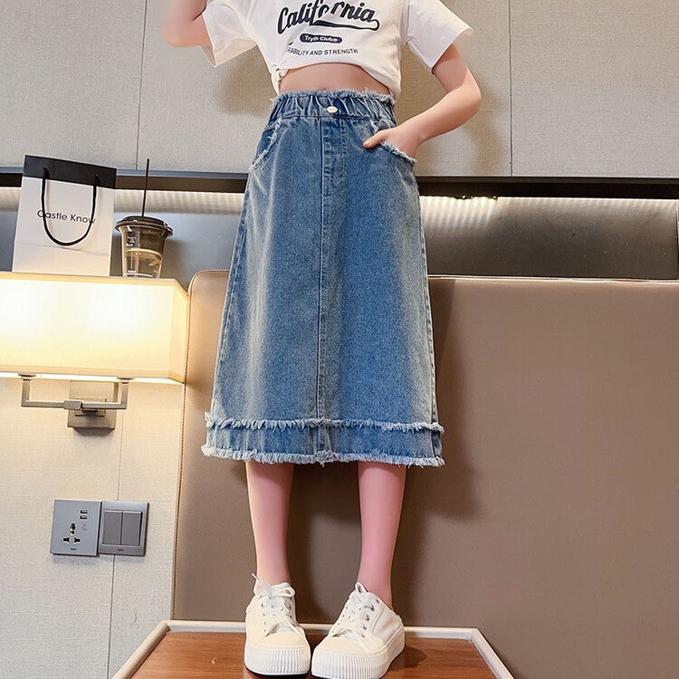 Girls' Fur-Edge Denim Skirt 2025 Summer Mid-Length Skirt Girl'S Denim Skirt - Image 3