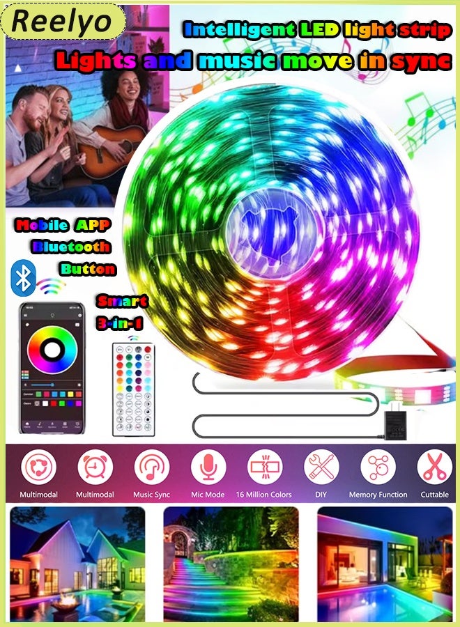 ريليو مجموعة أشرطة إضاءة LED ذكية بطول 10 أمتار، إضاءة خلفية للتلفزيون، تحكم ذكي في مستوى الصوت، 16 مليون لون RGB مع مزامنة الموسيقى، مقاومة للماء وتحكم مزدوج ساطع (تطبيق بلوتوث + جهاز تحكم عن بعد بالأشعة تحت الحمراء)، أشرطة إضاءة LED مرنة قابلة للقص أسفل الخزانة لغرفة النوم والمطبخ وديكور مرآة الزينة المنزلية وخزانة غرفة النوم وديكور القارب وحلبة الرقص والحفلات وأجواء الديسكو، قابس المملكة المتحدة، سهل التركيب - Image 1