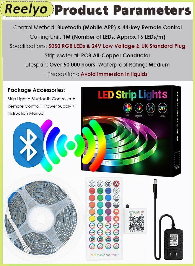 ريليو مجموعة أشرطة إضاءة LED ذكية بطول 10 أمتار، إضاءة خلفية للتلفزيون، تحكم ذكي في مستوى الصوت، 16 مليون لون RGB مع مزامنة الموسيقى، مقاومة للماء وتحكم مزدوج ساطع (تطبيق بلوتوث + جهاز تحكم عن بعد بالأشعة تحت الحمراء)، أشرطة إضاءة LED مرنة قابلة للقص أسفل الخزانة لغرفة النوم والمطبخ وديكور مرآة الزينة المنزلية وخزانة غرفة النوم وديكور القارب وحلبة الرقص والحفلات وأجواء الديسكو، قابس المملكة المتحدة، سهل التركيب - Image 2