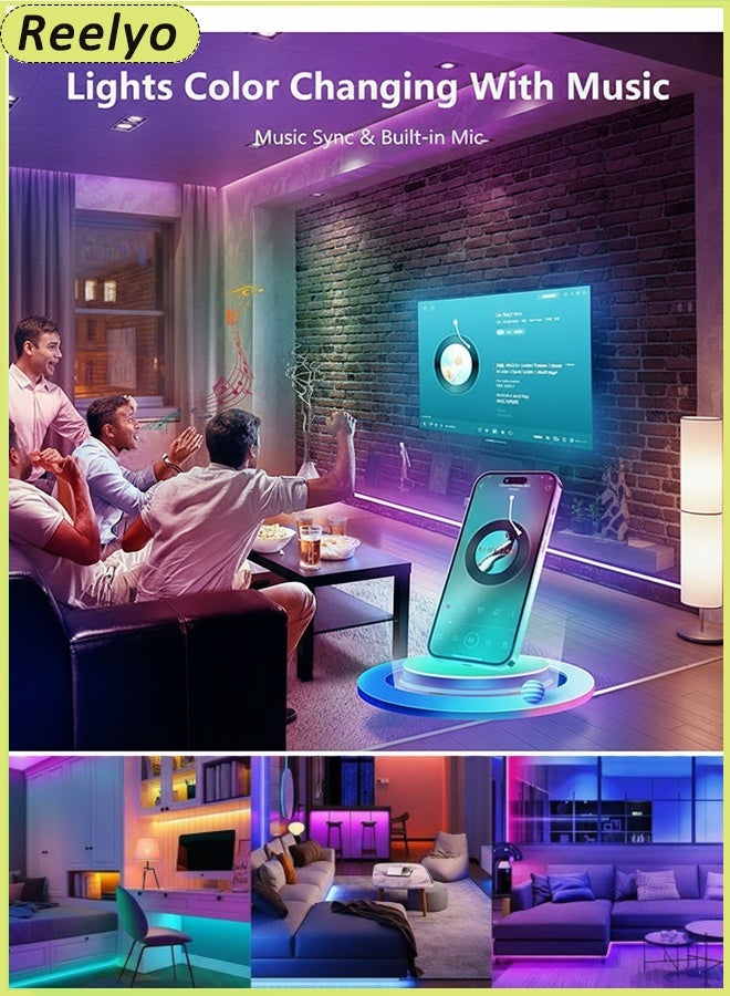 ريليو مجموعة أشرطة إضاءة LED ذكية بطول 10 أمتار، إضاءة خلفية للتلفزيون، تحكم ذكي في مستوى الصوت، 16 مليون لون RGB مع مزامنة الموسيقى، مقاومة للماء وتحكم مزدوج ساطع (تطبيق بلوتوث + جهاز تحكم عن بعد بالأشعة تحت الحمراء)، أشرطة إضاءة LED مرنة قابلة للقص أسفل الخزانة لغرفة النوم والمطبخ وديكور مرآة الزينة المنزلية وخزانة غرفة النوم وديكور القارب وحلبة الرقص والحفلات وأجواء الديسكو، قابس المملكة المتحدة، سهل التركيب - Image 3