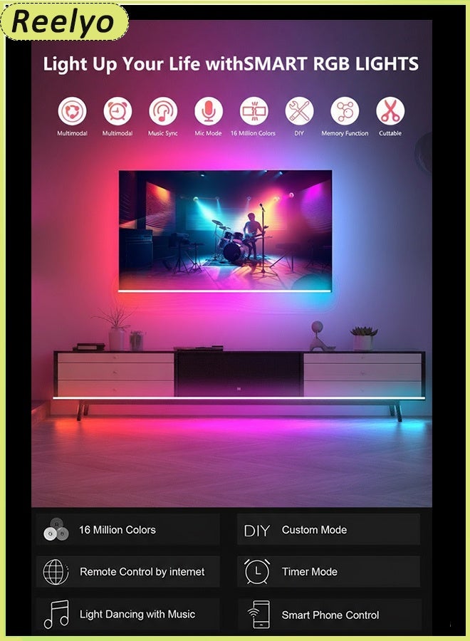 ريليو مجموعة أشرطة إضاءة LED ذكية بطول 10 أمتار، إضاءة خلفية للتلفزيون، تحكم ذكي في مستوى الصوت، 16 مليون لون RGB مع مزامنة الموسيقى، مقاومة للماء وتحكم مزدوج ساطع (تطبيق بلوتوث + جهاز تحكم عن بعد بالأشعة تحت الحمراء)، أشرطة إضاءة LED مرنة قابلة للقص أسفل الخزانة لغرفة النوم والمطبخ وديكور مرآة الزينة المنزلية وخزانة غرفة النوم وديكور القارب وحلبة الرقص والحفلات وأجواء الديسكو، قابس المملكة المتحدة، سهل التركيب - Image 5
