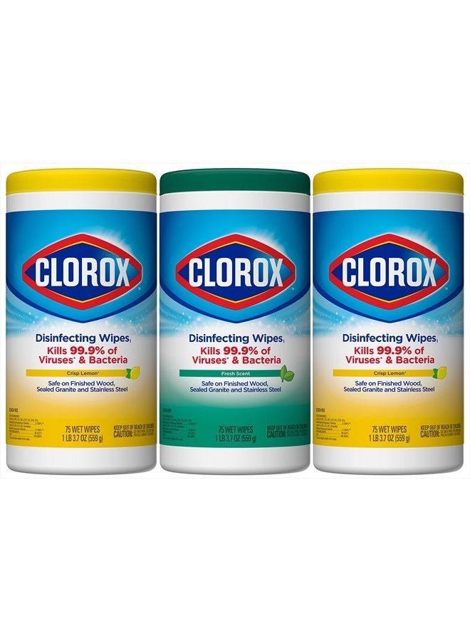 Clorox Disinfecting Wipes, Bleach Free Cleaning Wipes, Multi-surface Wipes, Fresh Scent & Crisp Lemon Value Pack, 75 Wipes (Pack of 3) - Packaging May Vary  - Image 1