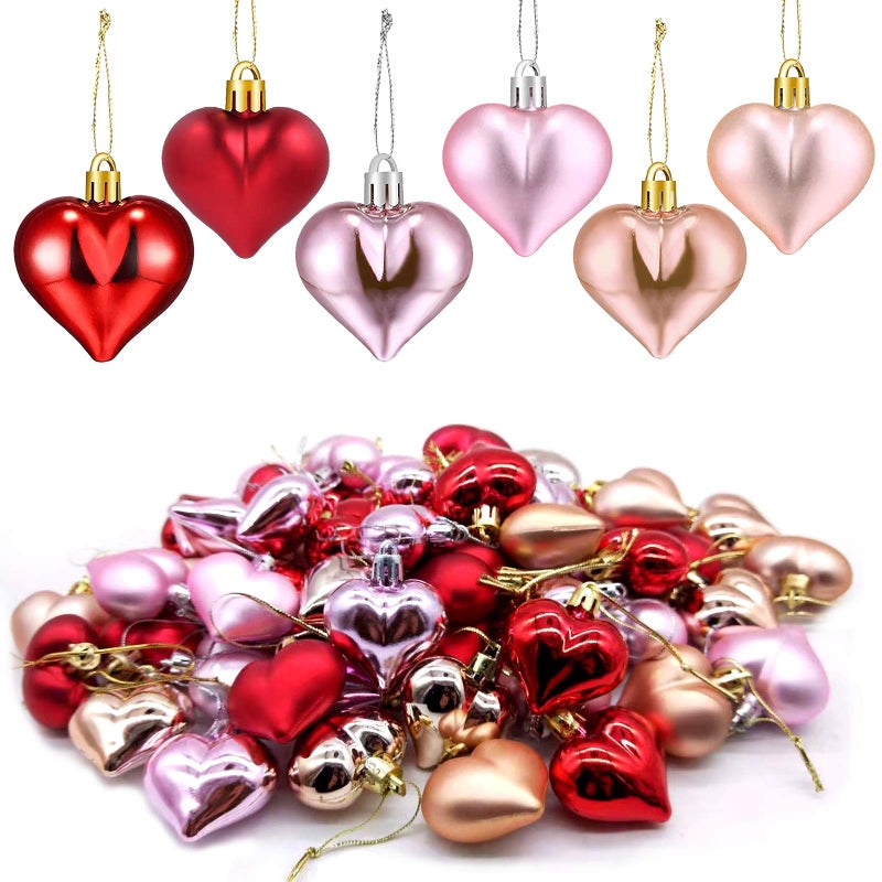 Iceyyyy 60Pcs Valentines Day Heart OrnamentsValentines Mothers Day Heart Baubles Shaped Hanging Ornaments Decoration for Valentine Tree Wedding Anniversary Party