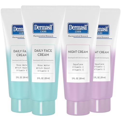Dermasil Face Moisturizer, Oil Free Bundle â€“ Daily Face Cream with Witch Hazel and Rose Water 2-Pack + Night Cream with Vitamin C and Squalane 2-Pack, 2 Oz Ea - Image 1