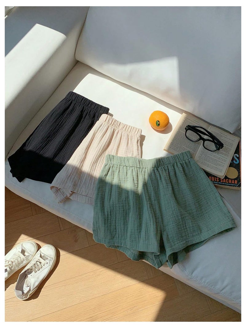 MakeMeChic Women's 3 Pack Linen Shorts Plaid Gingham Striped Summer Beach Boxer Shorts Black Beige Green Medium - Image 2