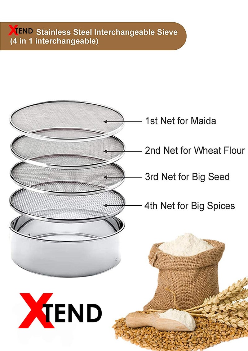 Xtend Smart Stainless Steel 4 in 1 Interchangeable sieves for Wheat Rice Atta Maida Sieve (Silver Pack of 5) - Image 3