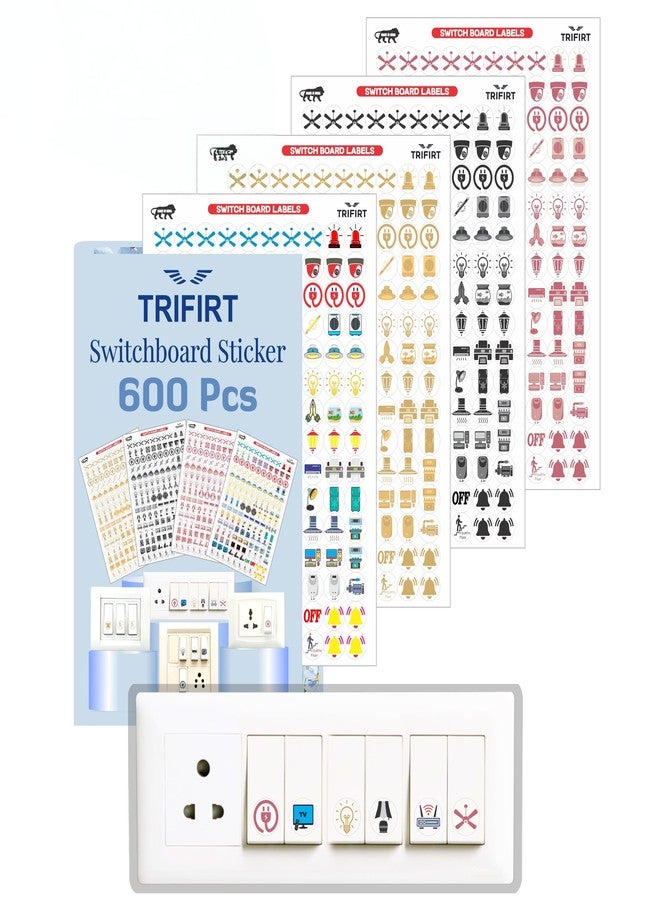 TRIFIRT 600 Switch Board Button Self Adhesive Stickers for Plastic Surface for Home,40+ Icons for Fan Light Fridge AC,4 in 1 Gold,Rose Gold,B/W & Colourful Labels for Switchboard,1.5 cm - Image 1