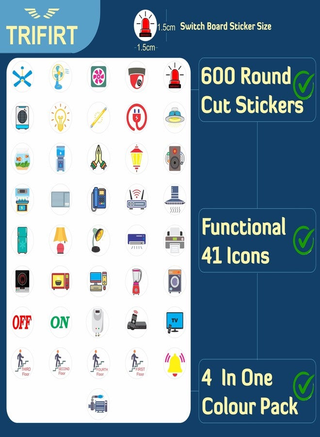 TRIFIRT 600 Switch Board Button Self Adhesive Stickers for Plastic Surface for Home,40+ Icons for Fan Light Fridge AC,4 in 1 Gold,Rose Gold,B/W & Colourful Labels for Switchboard,1.5 cm - Image 3