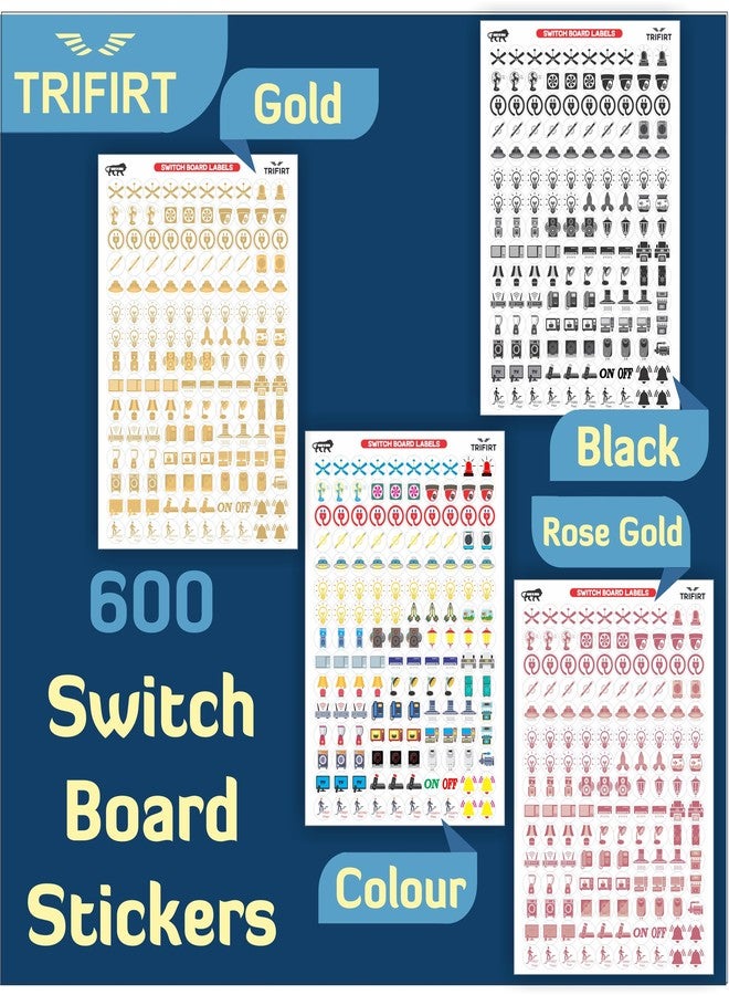 TRIFIRT 600 Switch Board Button Self Adhesive Stickers for Plastic Surface for Home,40+ Icons for Fan Light Fridge AC,4 in 1 Gold,Rose Gold,B/W & Colourful Labels for Switchboard,1.5 cm - Image 2