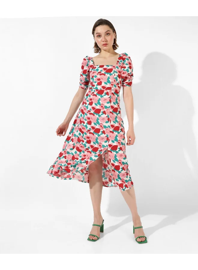 Campus Sutra Floral Puff-Sleeve Dress