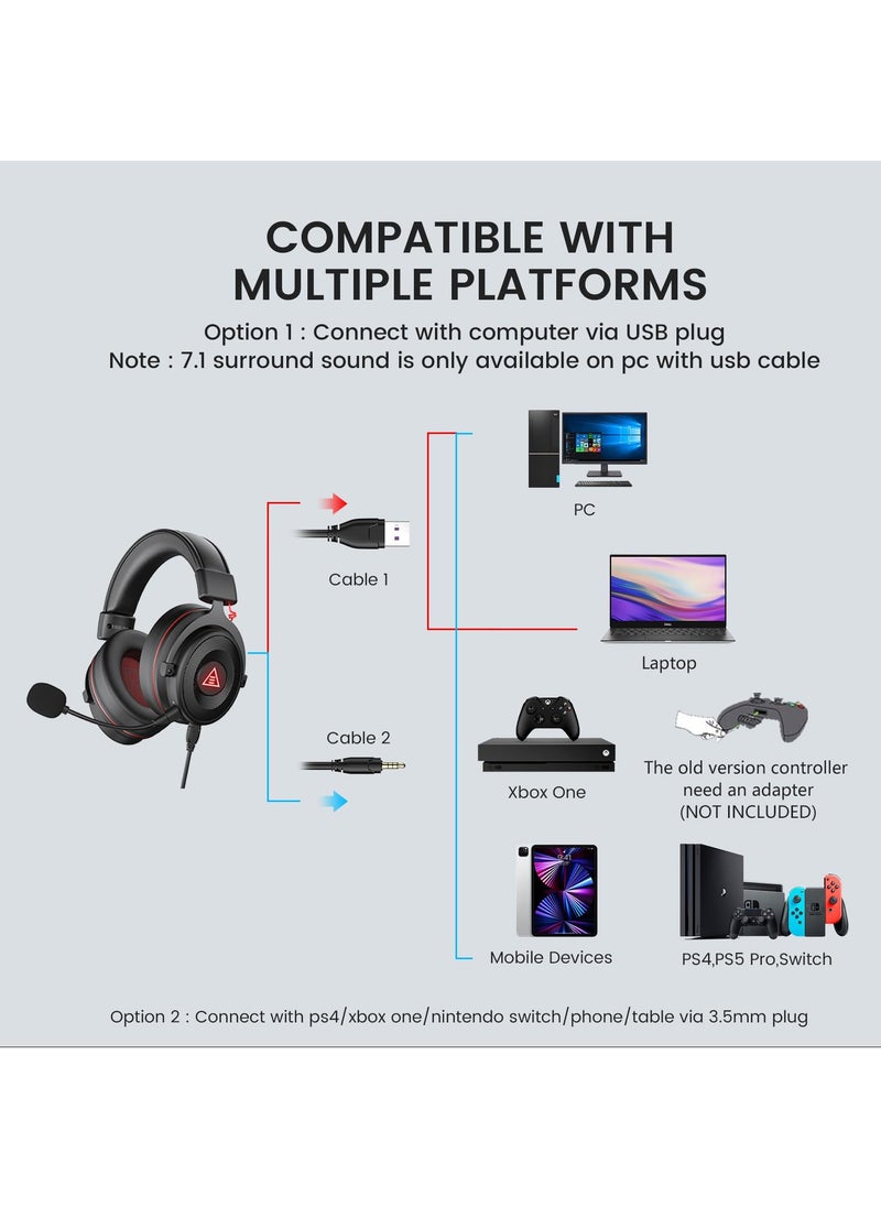 EKSA EKSA E900 Pro USB Gaming Headset-Xbox One Headset with 7.1 Surround Sound, PS4/PS5 Headset Noise Cancelling Headset with Mic&LED Light, Compatible with PC, PS4, PS5, Xbox One Controller, Nintendo Switch  - Image 4