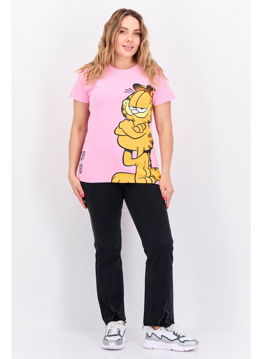 nickelodeon - Women Crew Neck Short Sleeves Garfield T-Shirt, Pink Combo - Image 1