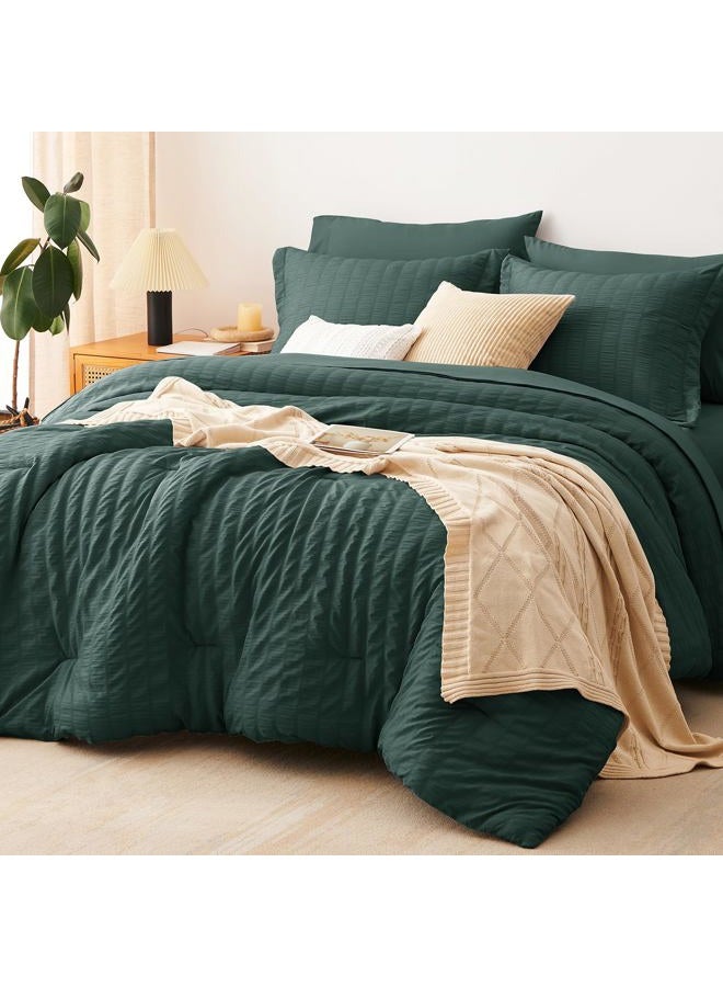 CozyLux King Size Comforter Set Forest Green Seersucker 7 Pieces Bed in a Bag King Comforter Set with Sheets, Luxury Bedding Set with Down Alternative Comforter, Sheets, Pillowcases & Shams All Season - Image 1