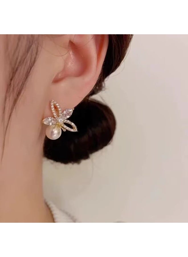 Goolsky Forest-Style Pearl & Zircon Flower Stud Earrings for Women – Sweet Chic Minimalist Earrings, Pearl Center Zircon Petals S925 Silver Posts, Hypoallergenic, Garden Parties Daily Wear - Image 3