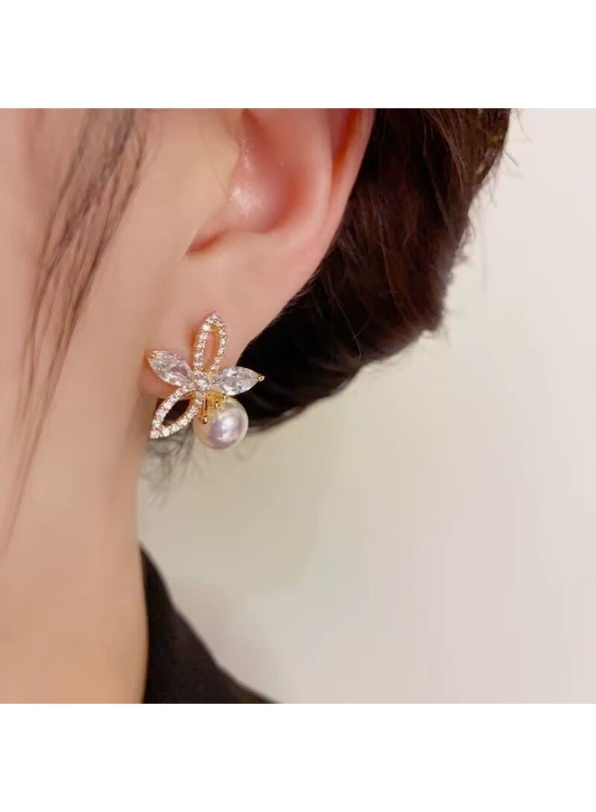 Goolsky Forest-Style Pearl & Zircon Flower Stud Earrings for Women – Sweet Chic Minimalist Earrings, Pearl Center Zircon Petals S925 Silver Posts, Hypoallergenic, Garden Parties Daily Wear - Image 2