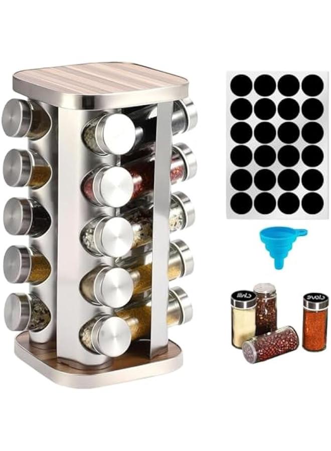 HOOKOR Rotating Spice Rack Set with 20 Spice Jars, Stainless Steel Kitchen Spice Tower Holder Organizer for Countertop Cabinet Garlic Salt Pepper, Carousel Storage Glasses Bottle - Image 1